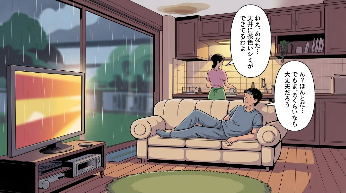 リビングで天井のシミに気づく50代夫婦