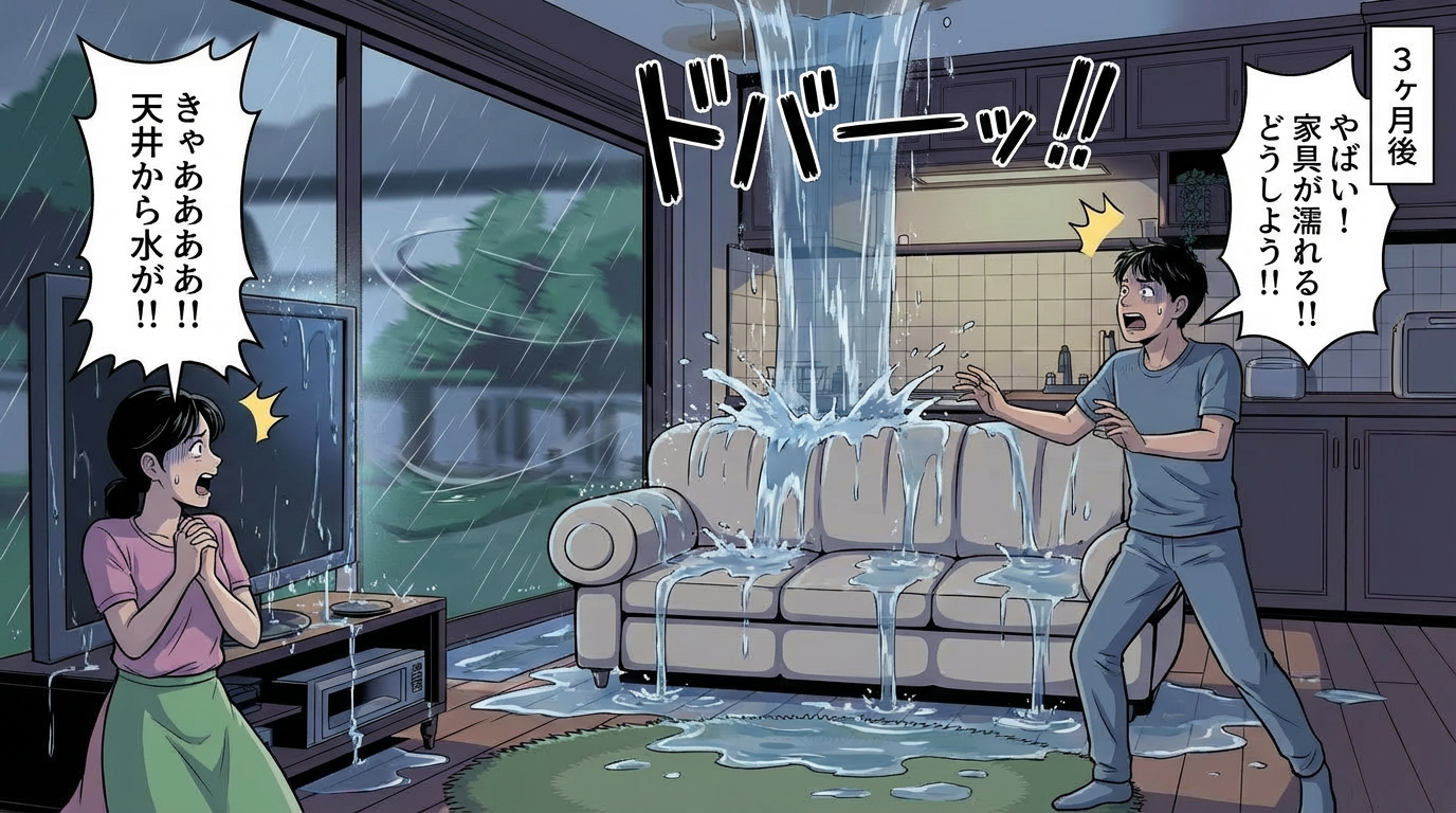 天井から大量の水が漏れて驚く夫婦