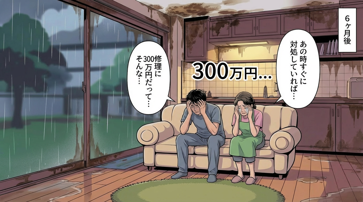 カビだらけの部屋で絶望する夫婦